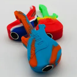 Latest Colorful Silicone Pipes Guitar Style Herb Tobacco Oil Rigs Metal Filter Bowl Portable Key Buckle Handpipes Smoking Cigarette Hand Holder Tube