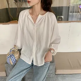Kvinnors blusar Spring Summer Large Size Cotton Shirts For Women Casual Loose Raglan Sleeve Korean Minimalist Style Tops Solid Color