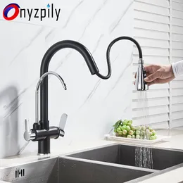 Kitchen Faucets Onyzpily Matte Black Filtered Crane For Kitchen Pull Out Spray 360 Rotation Water Filter Tap Dual Water Modes Sink Kitchen Fauce 230331