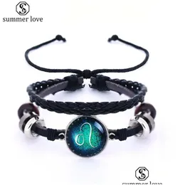 Contas da nova moda 12 Constelações Bracelete de couro Zodiac Signo com pulseira punk de argola para homens meninos jóias dhgarden dhphd