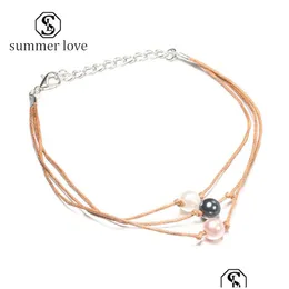 Ankelets nya mode 3 färger Pearl Pendant Mtilayer Anklet For Women Handmade Woven Wax Rope Boho Justerbar Summer Beach Je Dhgarden Dhpul