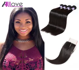Allove 8A Peruvian Virgin Extensions Wefts Straight Human Hair Bundles With 4x4 Lace Closure Brazilian Whole for Women All Age3208338