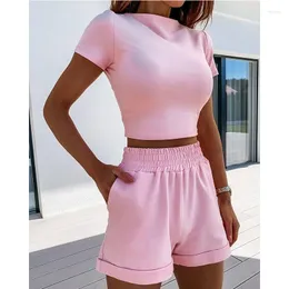 Kadınlar İki Parçalı Pantolon Pembe Takipler 2 Set Kadın Günlük Sport Ins Ins Style Kısa Kollu Mahsul Üstler İlkbahar Yaz Moda Giysileri