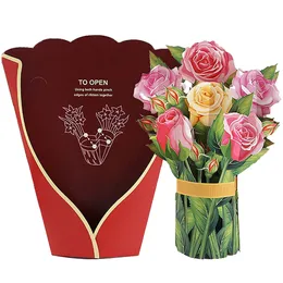 Karty pozdrowienia 11 8 cali 3D Bukiet Bukiet pop -up rose kwiatowy ręcznie robany papierowy prezent 230331
