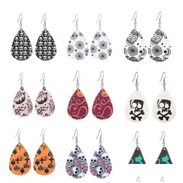 Dangle Chandelier New Halloween Leather Earrings For Women Water Drop Pumpkin Hat Skl Bat Lantern Doublesided Printed Fash Dhgarden Dhigv