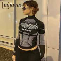 女性のTシャツBiikpiikレターZipper MotoバイカースタイルクロップトップトップストライプドットパッチワークTシャツフルスリーブスタンドカラーストリートウェアファッションティー230331