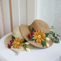 Breda randen hattar blommor sommarstrand hatt sol halm sombreros de sol för kvinnor gorro cappelli da ensam chapeau paillewide