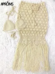 Vestido de duas peças APROMS ALGONO SOLIDO CROCHET Handmade 2 conjuntos Dres Summer Beach Bikini CoverUp Casual Halter Crop Top e Maxi Shairts 2303331