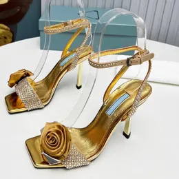 Elegant Sandals Designer High Heels Women Flower Rhinestone Decorative Square Head Open Toe Dress Shoe Patent Leather Fashion Summer Party Wedding Shoes 9.5CM