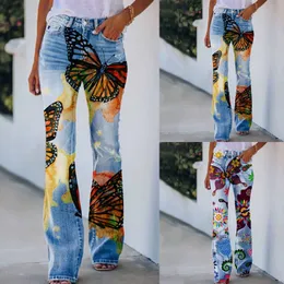 Kvinnors jean's bootcut orolig blossad denim tryck casual byxor blommor faux jeans företag stretch 230330