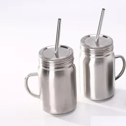 Mugs Stainless Steel Mug Mason Jar Single Wall 700Ml Cup With Lid St Coffee Beer Juice Cans Kka6944 Drop Delivery Home Garden Kitche Dh6N3