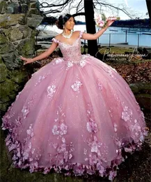 Pink pärlor pärlor 3d blommor quinceanera klänningar bollklänning söt sexton klänning prom party klänningar tyll vestidos de 15