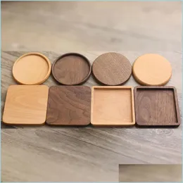 Mats Pads Wooden Coasters Round Square Beech Wood Black Walnut Mat For Drink Cups Cafe Bar Home Kitchen Table Protector Drop Deliv Dh7Oo