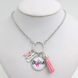 Anhänger Halsketten 10 STÜCKE Brustkrebs Bewusstsein Schmuck Believe Pink Ribbon Charms Halskette für Geschenk