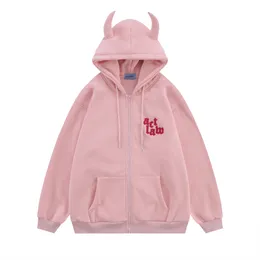 Hip Hop Streetwear Kapuzenpullover Jacke Männer Little Devil Horns Brief Stickerei Loser Mantel Herbst Harajuku Baumwolle Sweatshirt Unisex