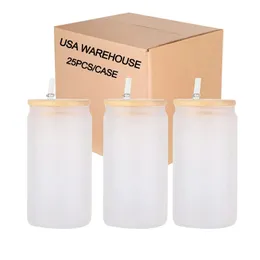US Warehouse 16oz Sublimation Glass Beer Mugs Bamboo Lids Straw Tumblers DIY Blanks Cans Heat Transfer Cocktail Iced Coffee Cups Whiskey Glasses Mason Jars GJ0320