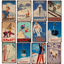 Skiing Travel Metal Tin Signs Ski Propaganda Metal Plaques Vintage Winter Landscape Wall Decor Plate for Bar Club Man Cave Home Decor Plate 30X20cm W03