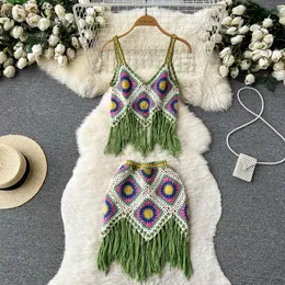 2023 Summer National Style Suspender Two-Piece Dress Bohemian Style Super Fairy Tassel Vest Wrap Hip Skirt