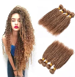 Kinky Curly Human Hair Weave 4 Bundles 27 Honey Blonde Pure Colored Brazilian Virgin Curly Human Hair 4Pcs Tressen Haarverlängerung 19265480