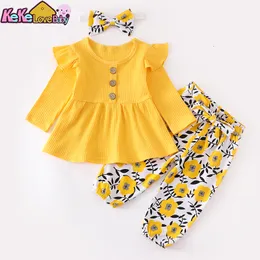 Clothing Sets 3Pcs Autumn Baby Girl Clothes Infant born Long Sleeve Tops Floral Print Pants Headband Solid Outfit 0 324M 230331