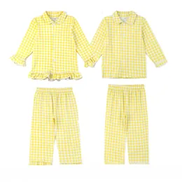 Паджама Пасхальный летний лимон гингхэм пижама Детский вязаный хлопковой пижам набор девочек с длинным рукавом пижамы 230331