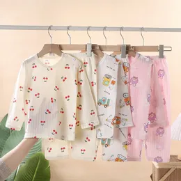 Pijama infantil de pijama Conjunto de verão meninos e meninas de algodão puro Caso de algodão em casa bebê respirável algodão calças de manga comprida ar 2303331