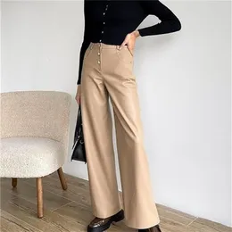 여성용 바지 Capris Wotwoy High Waist 우아한 느슨한 가죽 바지 여자 봄 PU 가죽 와이드 다리 바지 여성 캐주얼 블랙 카키 바지 230331