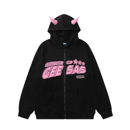 2023 Mens Demon Horn Print Zip Up Hoodie Sweatshirt Y2K Hip Hop Pink Cute Demon Hooded Streetwear Harajuku Pullover