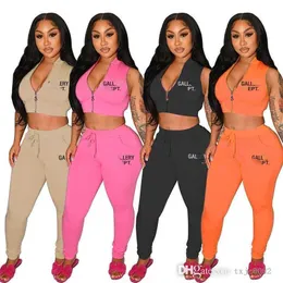 Summer Women 2PC Pant Suit Fashion Letter Tryckt Sexig ärmlös dragkedja Crop Top Slim Tracksuit Två stycken kläder