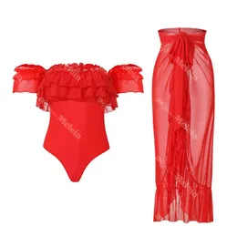 Trägerlose rote Bademode Persönlichkeit Mesh-Kleider für Damen Designer-Bikini-Strandkleid mit gepolstertem Badeanzug