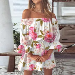 Lässige Kleider Sommer Frühling 2023 Damen Schulterfrei Ausgestellte Ärmel Blumendruck Beach Party Minikleid Sommerkleid Sukienki#g5