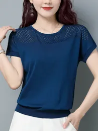 Camiseta feminina de verão feminino de malha de malha de manga curta camiseta oca de camiseta oca de camiseta feminina elegante camiseta feminina de vestido casual 2303331