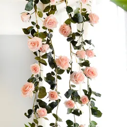 Sztuczne kwiatowe kwiaty sztuczne kwiaty Rose winorośl wisząca sznur dekoracja ściany fałszywe rośliny pozostawia girland romantyczny wystrój ślubny 230331