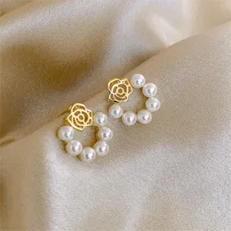 Korea New Fashion Rose Pearl Stud örhängen för kvinnor Elegant Flower Zircon Earring High Quality Engagement Wedding Jewelry