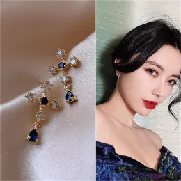 Dingle örhängen Bohemian Vintage Cross Blue Crystal Long Tassel Drop Earring For Women Girls Arrivals Fashion Jewelry Gift