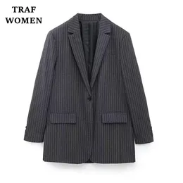 Women's Trench Coats TRAF coats 2023 in Pinstripe Office Suit Jacket Lapel Long Sleeve Pocket Button Classic Female's Jackets Joker Mujer 230331