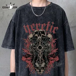 Skull de terror de tshirts masculino lavou as camisetas e mulheres harajuku shortsleeeved tshirt tops casuais de rua superdimensionados 230331