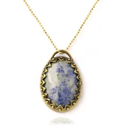 Natural Crystal Stone Necklace Pendant Oval CAB Cabochon Bead Brass Base White Dot Blue egg Pendants Jewelry for Women