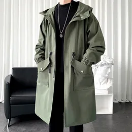 Herrgravrockar Privatänkar Autumn Solid Color Overized Long Jacket 2023 Fashion Big Pocket Hooded Mane Clothing 230331