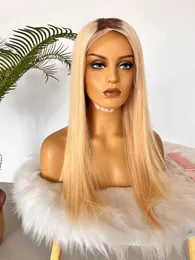 4/613 180% Ombre Blonde Straight 4X4 Lace Front Wigs With Chocolate Brown Roots
