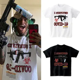 Herr tshirts t shirt män hip hop jag överlevde 19 vintage toppar vit skjorta sommarpistoler streetwear 230331