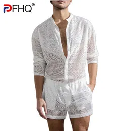 Herrspårspår PFHQ 2023 Summer New Hollow Out Sexiga spetsar Shorts Shirt Sets Men's Fashion Suit Kläder gratis frakt trendig elegant strand billig W0322