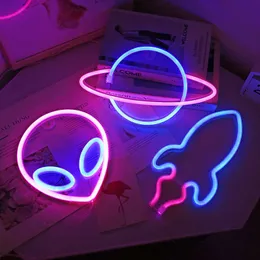 Night Lights Planet LED Lights Neon Light Sign Bedroom Decor Rocket Alien Neon Night Lamp for Rooms Wall Art Bar Party USB or Battery Powered P230331