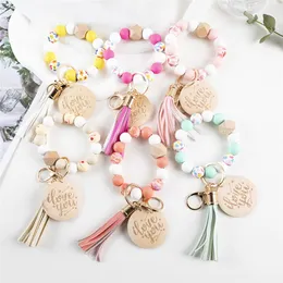 Ny ankomst Flower Print Silicone Bead Keychain Fashion Pendant Round Wood Chip Love Letters Armband Key Chains smycken gåvor