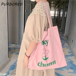 Borse per la spesa PURDORED 1 Pz Donna Colore rosa Spalla Tela Fiore riutilizzabile Grande Tote Scuola di moda 230331