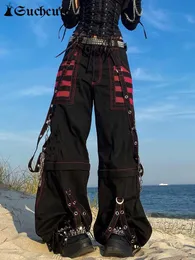 SUCHCUTE Gothic Chain Bandage Wide Leg Pants Damen Oversize Low Rise Dark Academic Hose Streetwear 90er Baggy Pant Punk Style