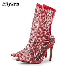 Top Design Crystal Phinestone Mes Stretch Fabric Red Nock Boots Fashion PVC Прозрачный заостренный ноги Sexy High Heels обувь 230306