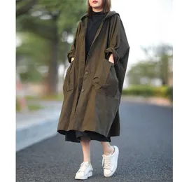 Trench da donna 5544 Artsy Women Cappotto con cappuccio di media lunghezza Casual Simple AllMatch Big Pocket Elegante Daily Fashion Giacca a vento verde urbano 230331