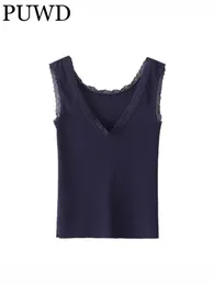 Women's Tanks Camis PUWD Women Causal Navy V Neck Lace Slim Summer Fashion Ladies Sweet Female Knitted Soft Cotton Solid Color Top 230331