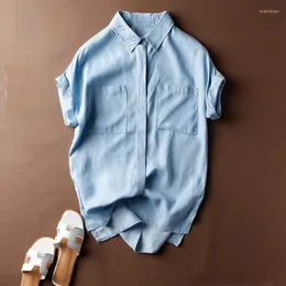 Bluzki damskie lekkie miękkie dżinsowe niebieskie koszule Summer vintage 2023 Town-Down Kołnierz Batwing Sleved Lose Solid Pocket MarTwear